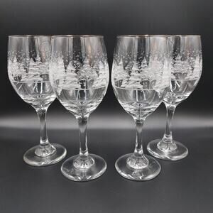 1980's Set Of 4 Winter Wonderland Etched Trees Wine Glasses By Libbey Gold Rim